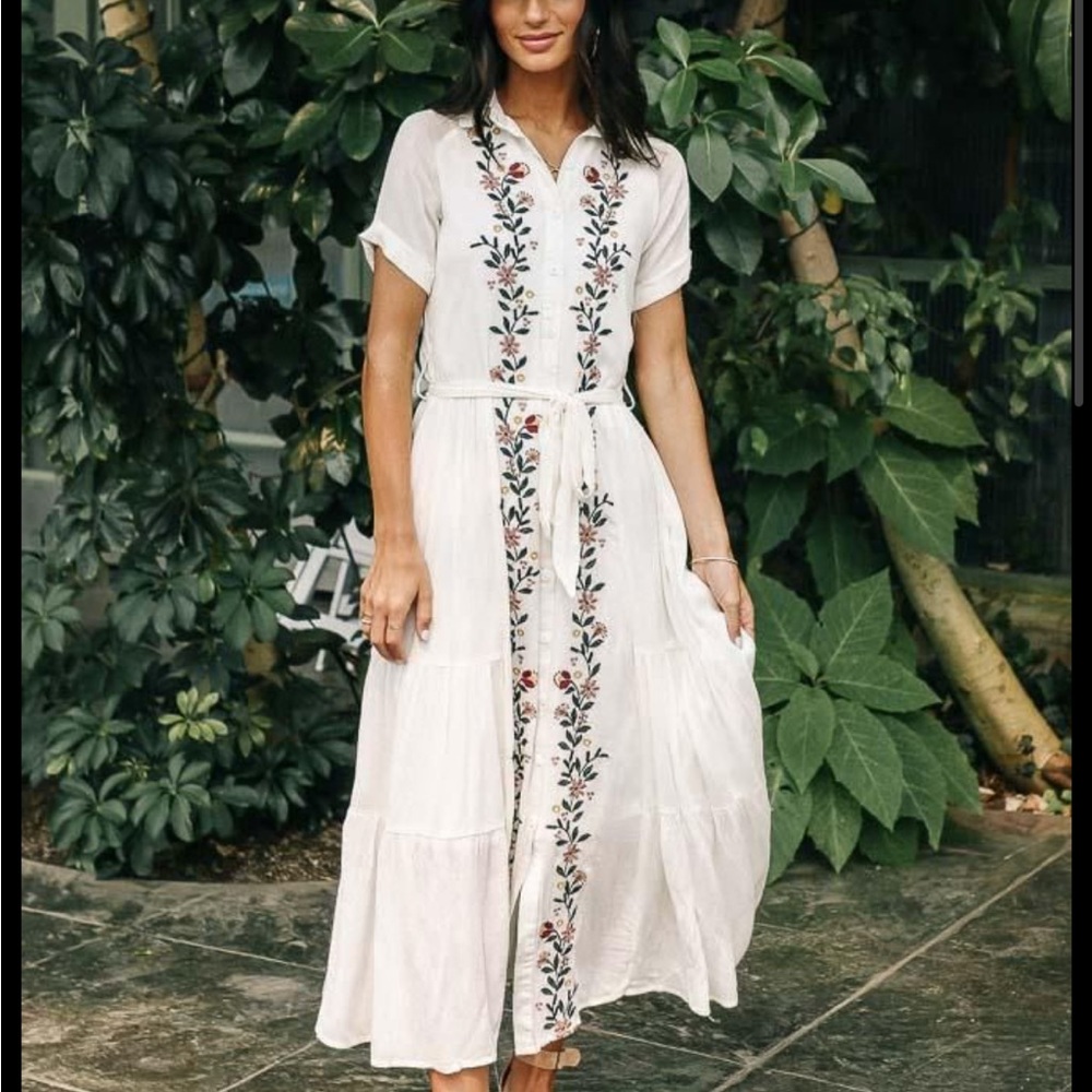 Bohme Floral Embroidered Button Down Maxi Dress Size Small